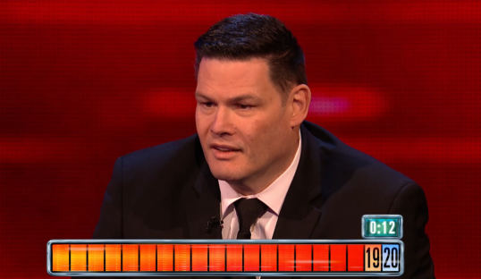 Screenshot from The Chase showing a contestant with 19 out of 20 points remaining and 12 seconds on the clock.