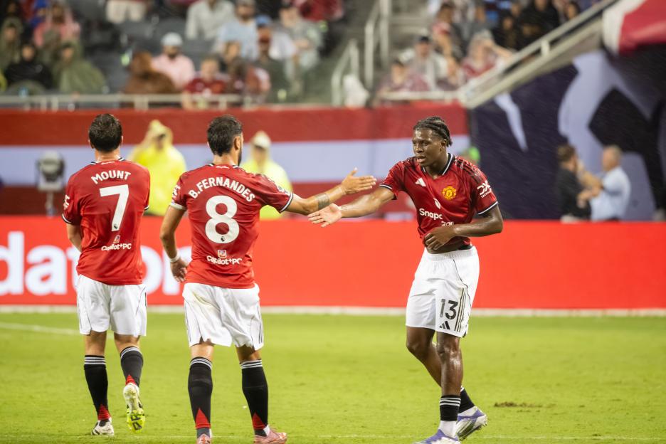 Manchester United players celebrating a goal.