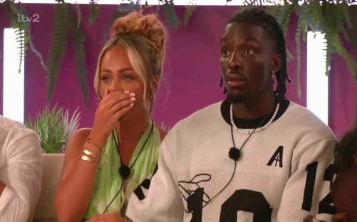 Screenshot of Love Island contestants reacting.
