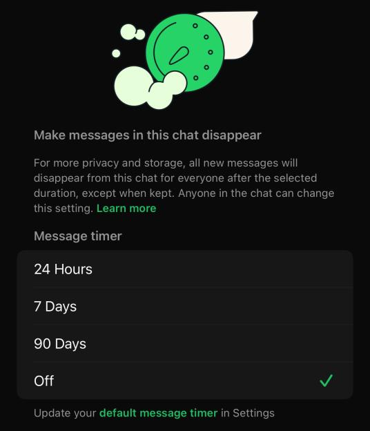 Illustration of a timer with options to set messages to disappear after 24 hours, 7 days, or 90 days.