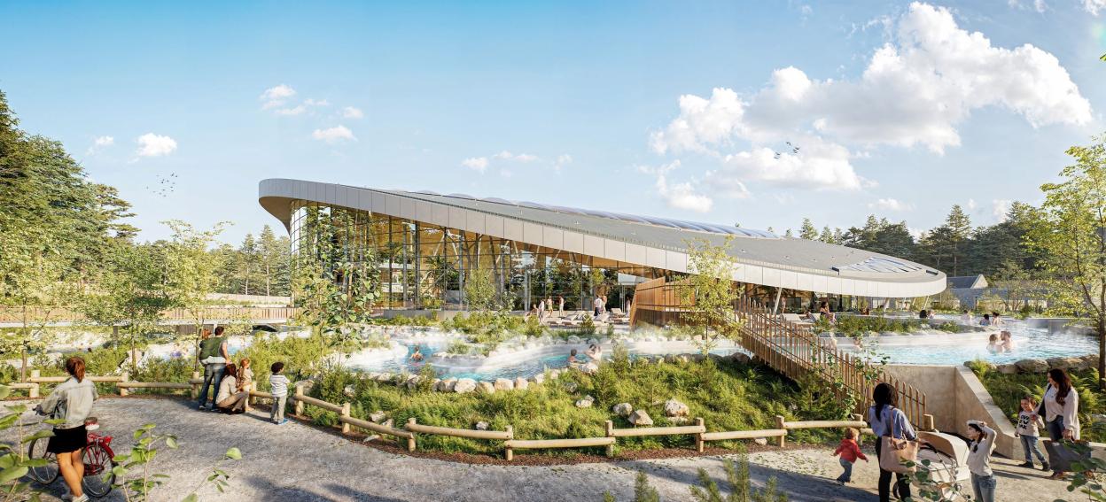 Illustration of a new Center Parcs in Scotland with 700 lodges and a large, modern aquatic center.