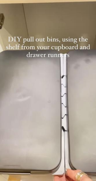 DIY pull-out bins made from cupboard shelves and drawer runners.