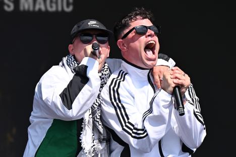 Kneecap performing at Glastonbury Festival.