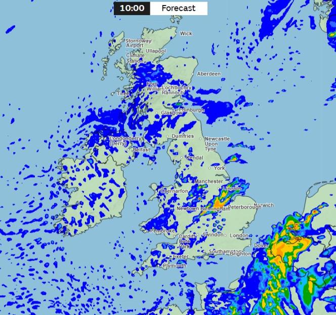 Weather forecast map showing rain across the UK.