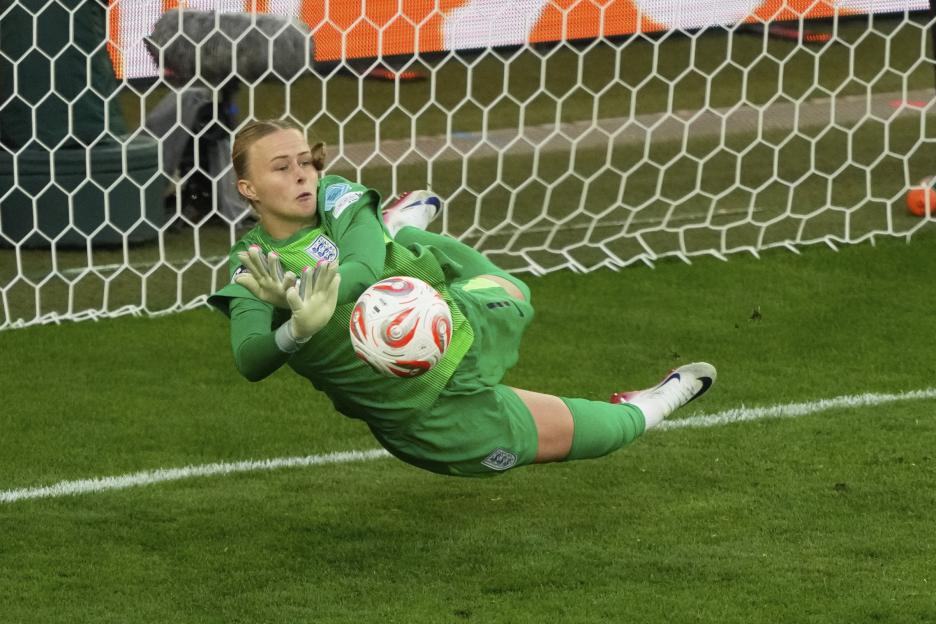 Hannah Hampton, England's goalkeeper, making a save during a penalty shootout.