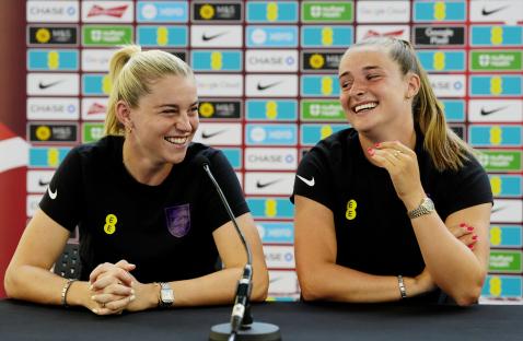 Alessia Russo and Ella Toone at a press conference.