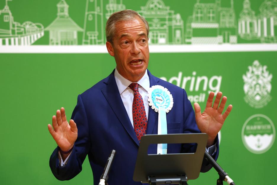 Nigel Farage giving a speech after winning the Clacton and Harwich constituency.
