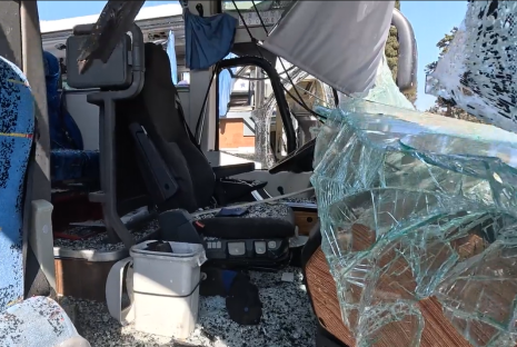 Damaged interior of a bus after an accident.