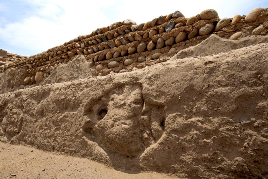 Stone and mud wall at an archeological site in Peru.