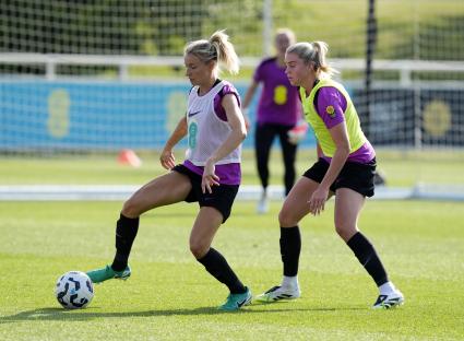 Leah Williamson and Alessia Russo of England's women's national football team during training.