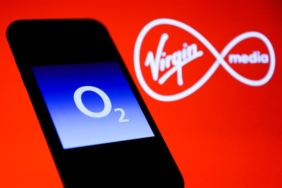 Illustration of O2 and Virgin Media logos.