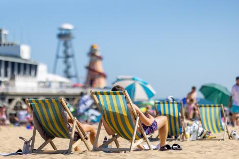 People sunbathing in deck chairs on a beach.