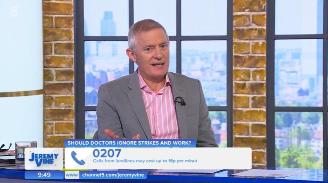 Jeremy Vine on Channel 5 discussing whether doctors should ignore strikes and work.