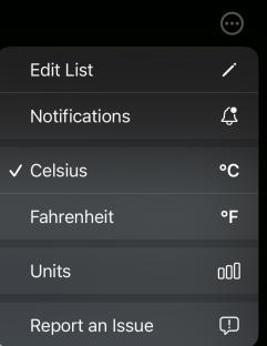 Settings menu with options for editing lists, notifications, temperature units (Celsius and Fahrenheit), units, and reporting issues.