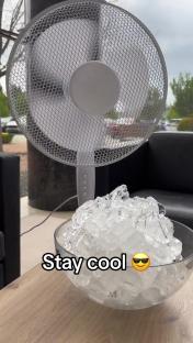 A fan blowing air over a bowl of ice.