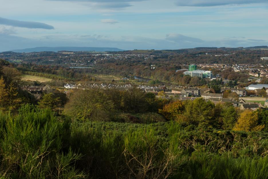 Aerial view of Aberdeen's west end, showing housing and trees.