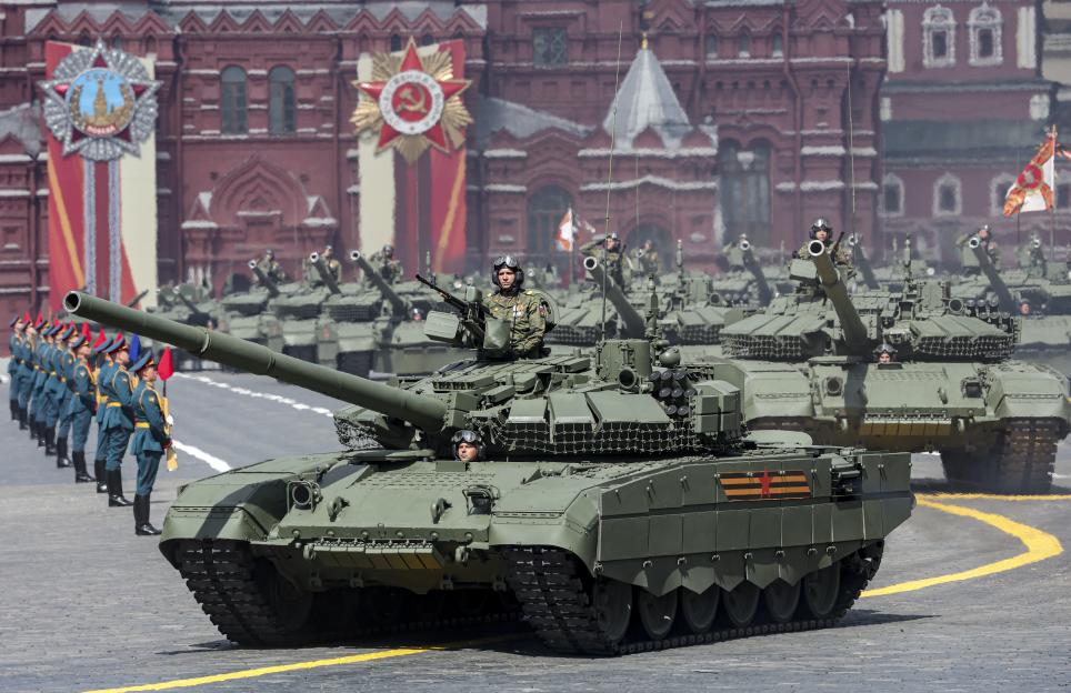 Russian T-90 tanks in a military parade on Red Square.