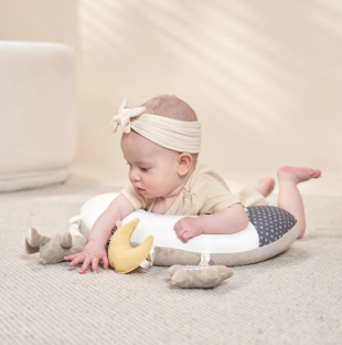Baby playing with tummy time pillow and toys.