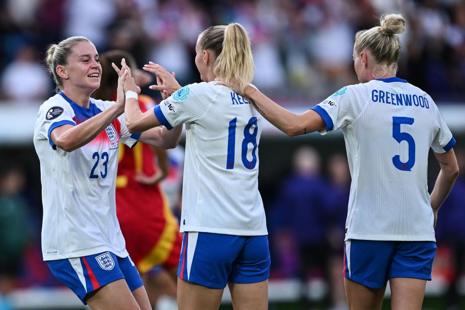 England's women's soccer team celebrating a goal.