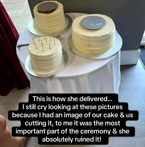 Three incomplete wedding cakes on a table.