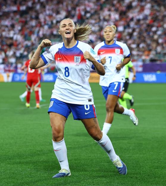 Georgia Stanway of England celebrates scoring a goal.