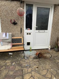 Broken glass and a damaged door at a house entrance.