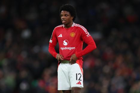 Tyrell Malacia of Manchester United during a soccer match.