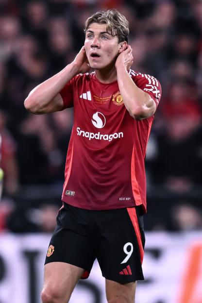 Rasmus Hojlund of Manchester United looking disappointed during a soccer match.