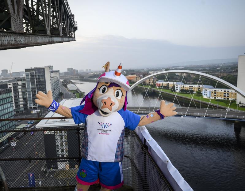 Finnie the unicorn mascot at a Glasgow 2026 Commonwealth Games photocall.