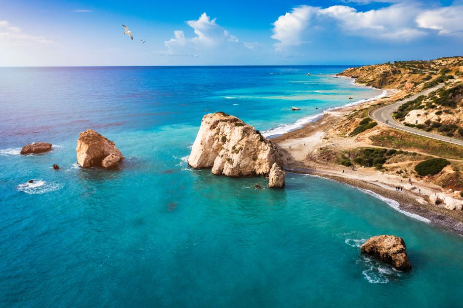 Aerial view of Aphrodite's Rock in Paphos, Cyprus.