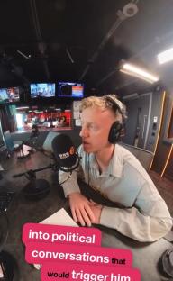 Radio presenter discussing an abusive relationship on air.