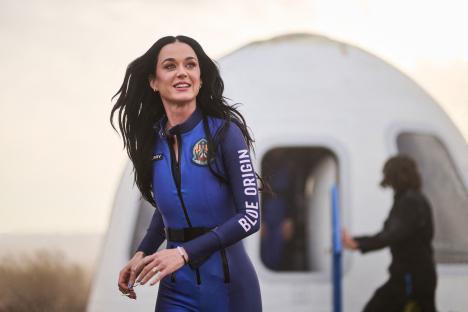 Katy Perry in a Blue Origin spacesuit after a space flight.