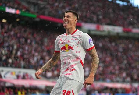 Benjamin Sesko of RB Leipzig celebrating during a Bundesliga match.