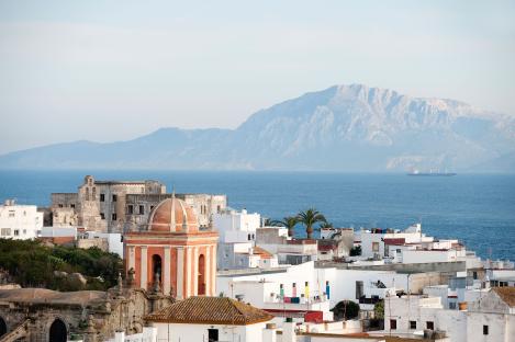 View of Tarifa, Spain, with the Moroccan coast in the background.