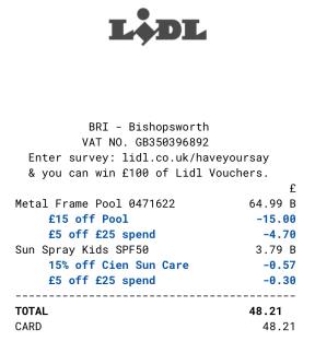 Lidl receipt showing purchase of pool and sun care products with discounts.