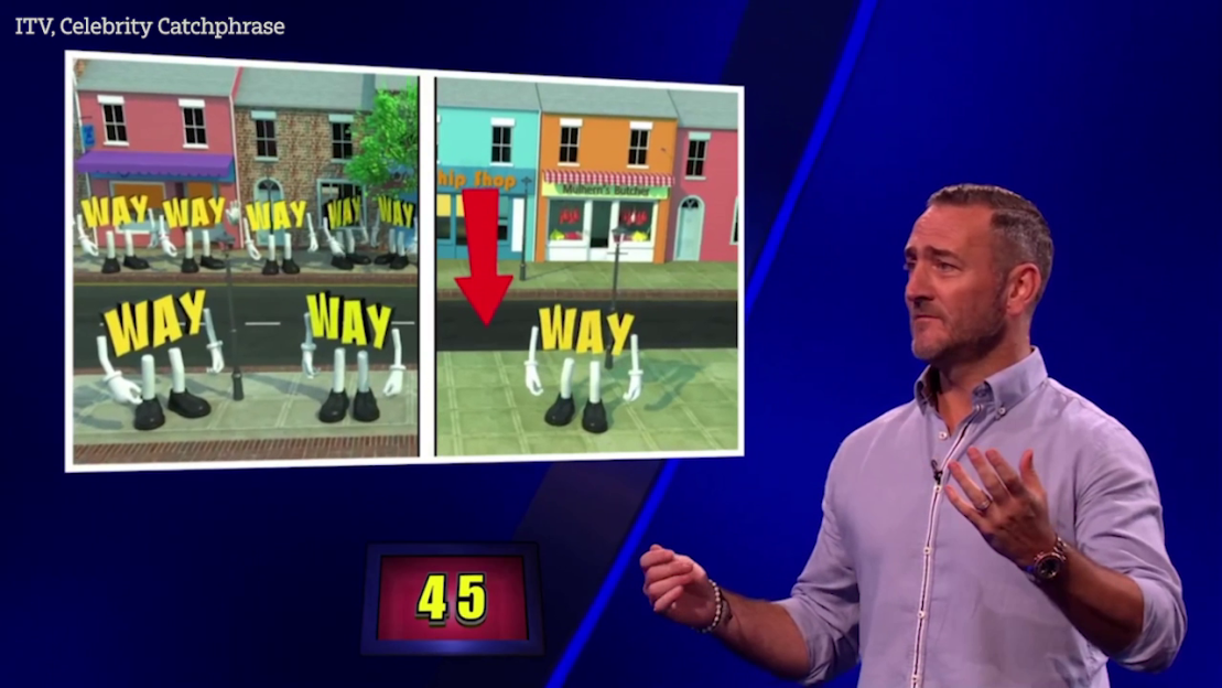Screenshot of a game show segment showing an animation of figures spelling