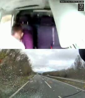 Dashcam footage of a van driver using their phone while driving, resulting in a collision.