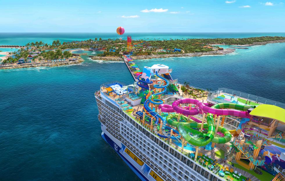 Illustration of a cruise ship with water slides and a private island in the background.