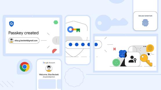 Illustration of a Google Passkey being created and used on various devices.
