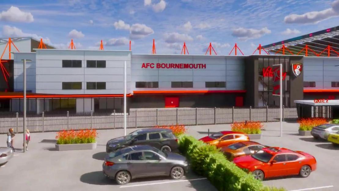 AFC Bournemouth new stadium revamp artist impression video, Twitter , https://x.com/afcbournemouth