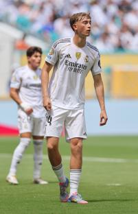 Dean Huijsen of Real Madrid at a soccer match.
