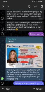 Screenshots of Facebook messages and a fake California driver's license image used in an AI scam.