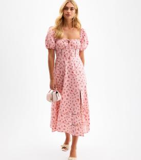 Pink floral midi dress with puff sleeves.
