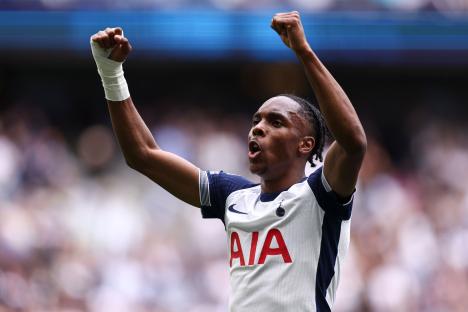 Mathys Tel of Tottenham Hotspur celebrating a goal.
