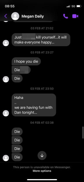 Screenshot of threatening messages.