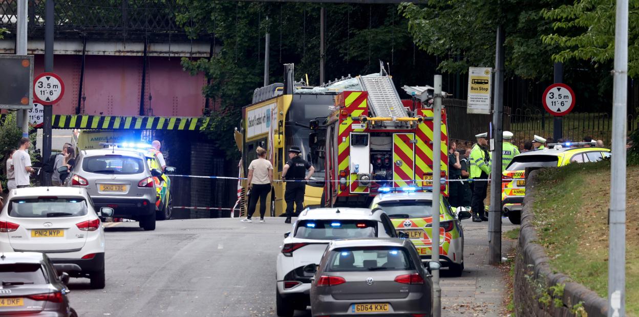 Emergency responders at the scene of a bus accident.