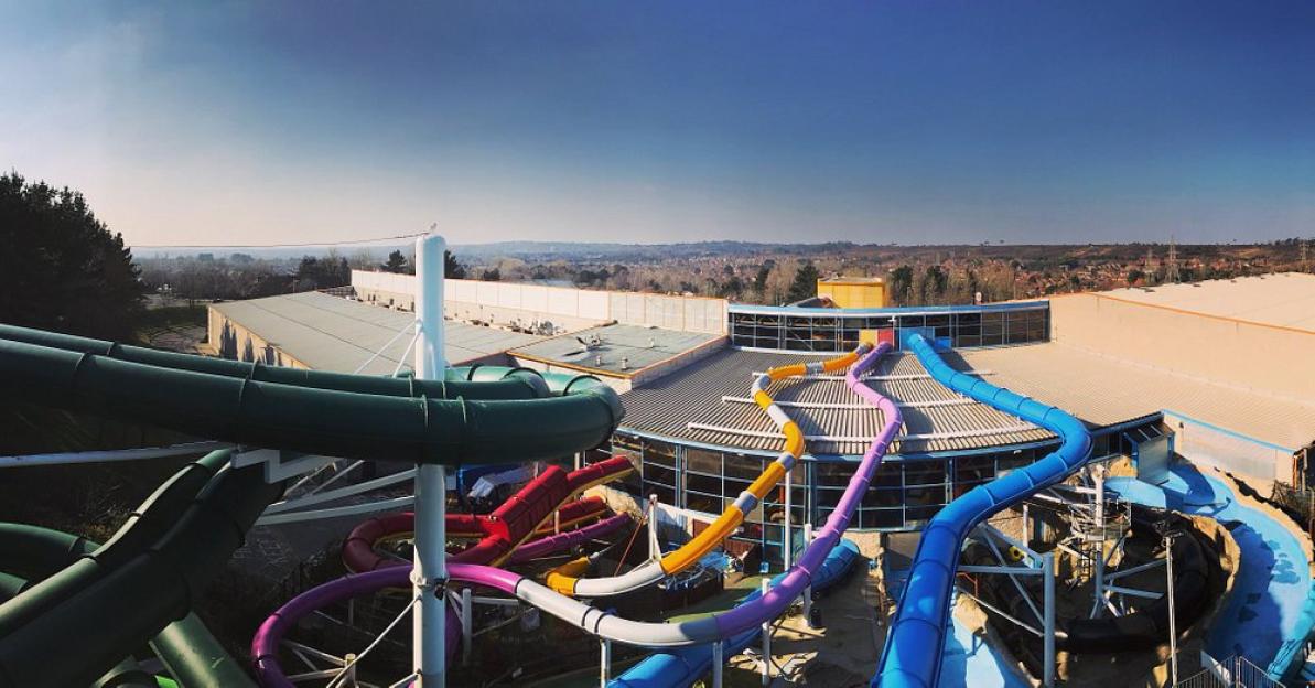 Aerial view of Splashdown Waterpark Poole with colorful water slides.