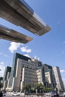 Vauxhall Bus Station's solar-powered canopy and the MI6 Building in London.