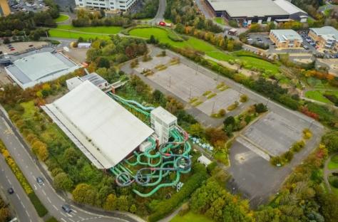 Aerial view of an abandoned water park.