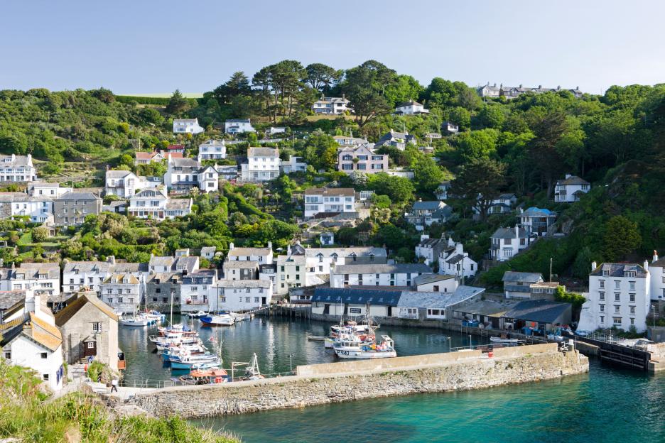 Polperro harbor and village in Cornwall, England.